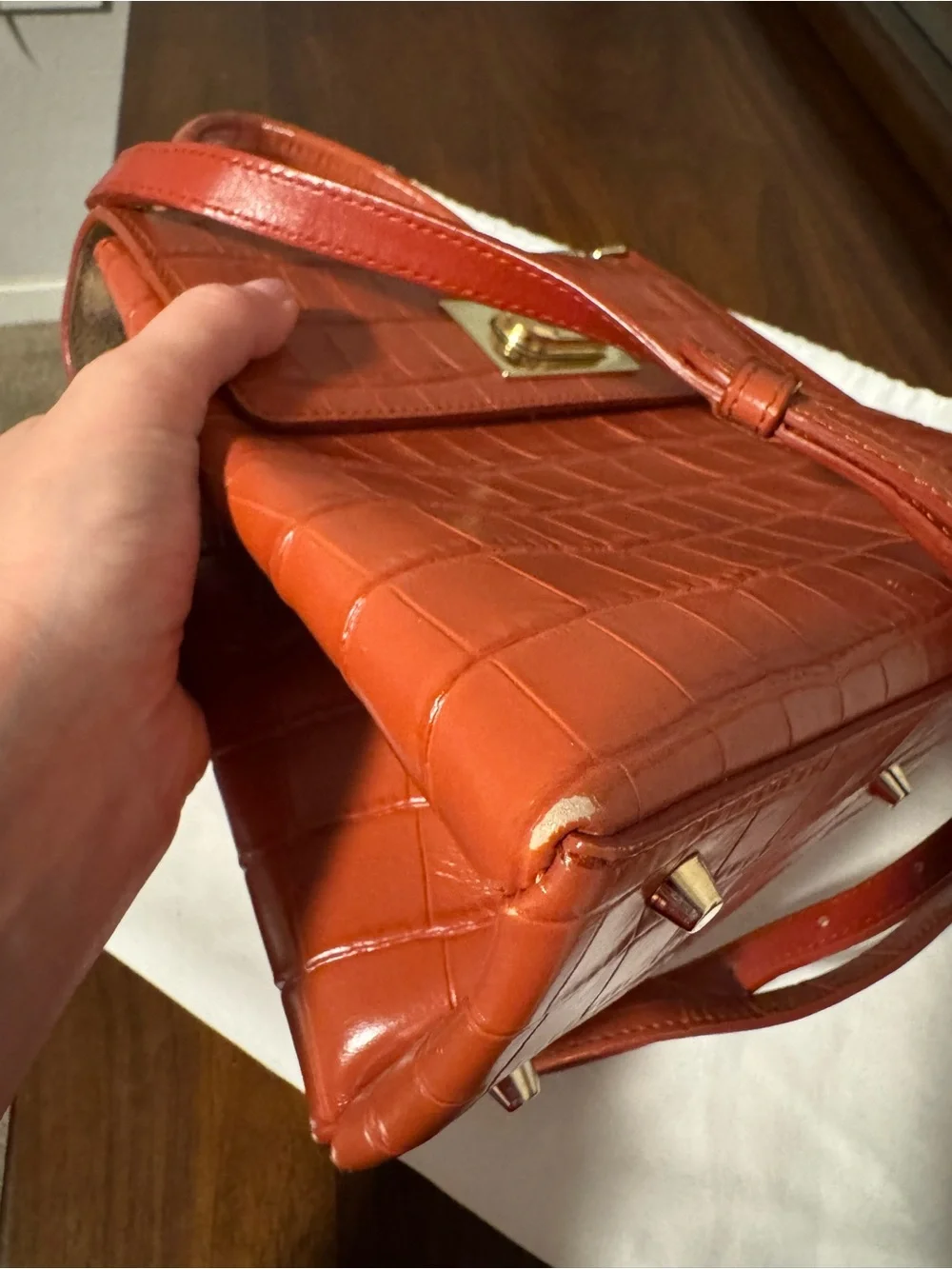 Furla 1927 Croc-Embossed Top Handle Crossbody in Coral